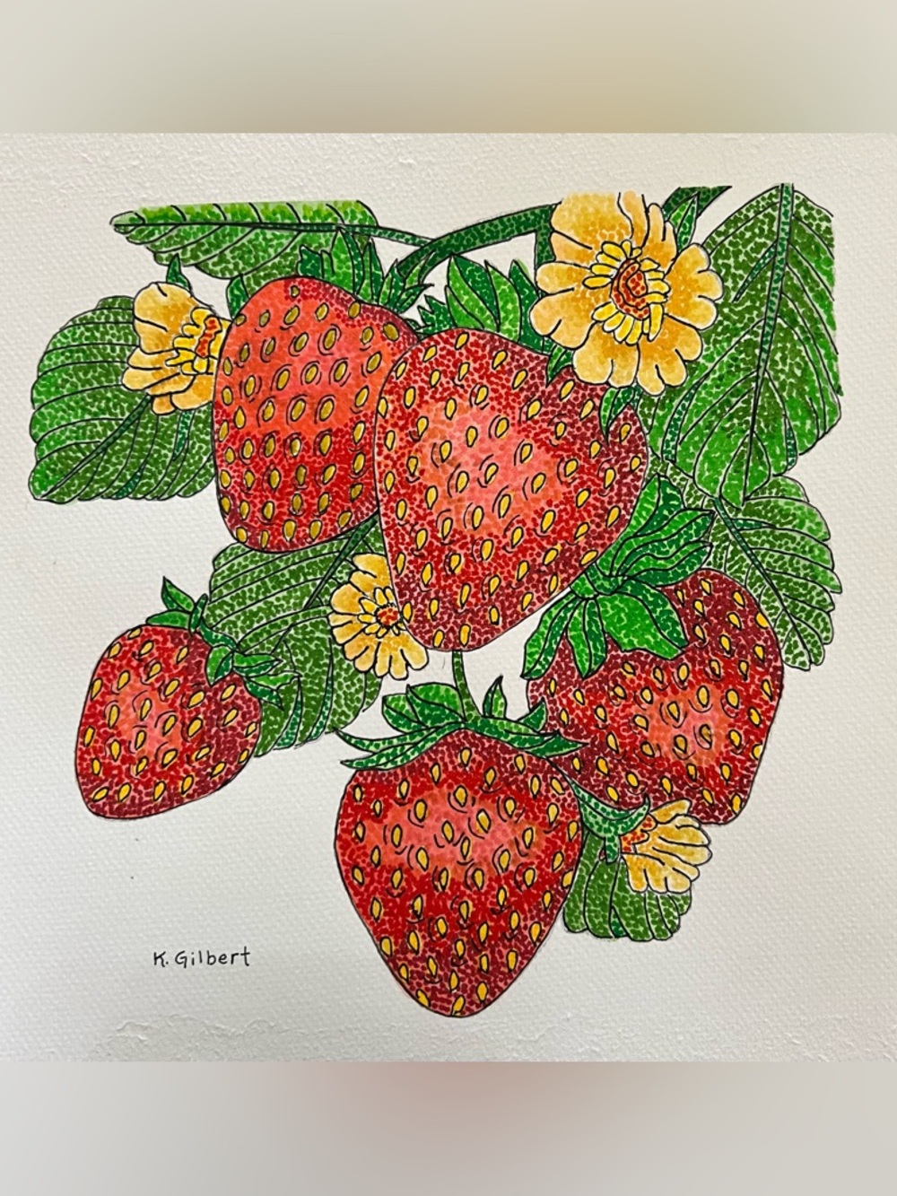 Strawberry Botanical Dot Painting – Original Watercolor (12x12)